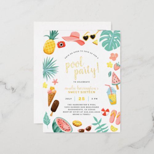 Watermelon Pineapple  Tropical Leaves Pool Party Foil Invitation Postcard