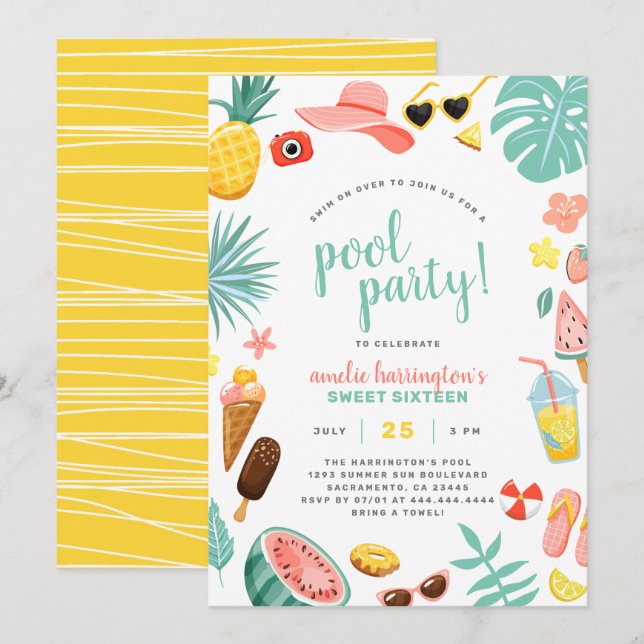 Watermelon, Pineapple & Tropical Leaves Pool Party Invitation (Front/Back)