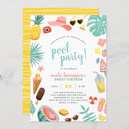 Watermelon Pineapple  Tropical Leaves Pool Party Invitation