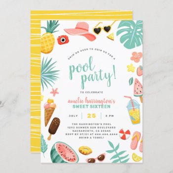 Watermelon  Pineapple & Tropical Leaves Pool Party Invitation by Eugene_Designs at Zazzle