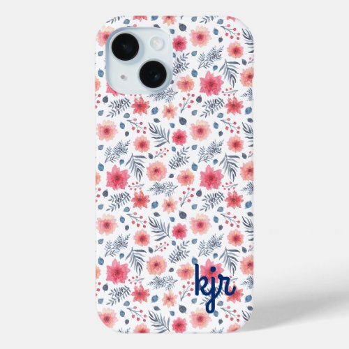 Watermelon Pink and Blue Watercolor Floral iPhone 15 Case