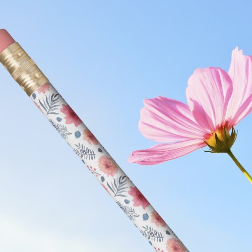 Watermelon Pink and Blue Watercolor Floral Pencil