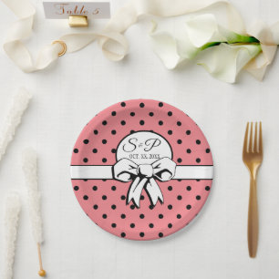 Watermelon Pink Black Dots White Bow Personalized Paper Plates