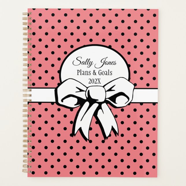 Watermelon Pink Black Dots White Bow Personalized Planner (Front)
