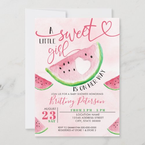 Watermelon Pink Girl Baby Shower Invitation - A sweet little girl is on her way, so it is time to celebrate with this cute watercolor watermelon-inspired design perfect for a little girl due in the summer.