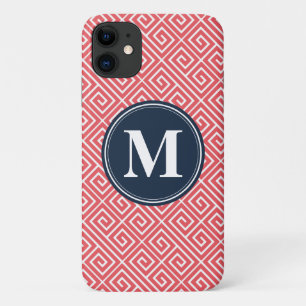 Watermelon Pink Greek Key Pattern Navy Monogram iPhone 11 Case