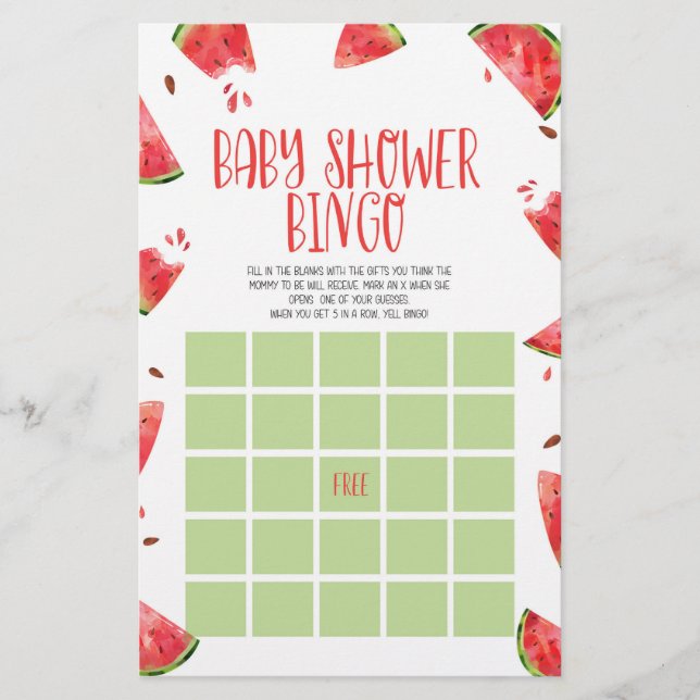 Watermelon Pink Green Bingo Baby Shower Game Stationery (Front)