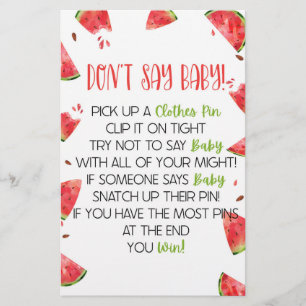 Watermelon Pink Green Don't Say Baby Shower Game Stationery