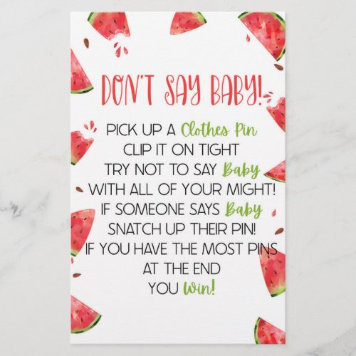 Watermelon Pink Green Dont Say Baby Shower Game Stationery