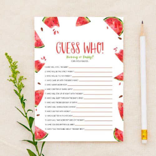 Watermelon Pink Green Guess Who Baby Shower Game  Stationery