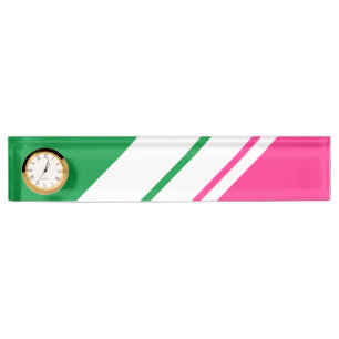 Watermelon Pink Green White Racing Stripes Clock Desk Name Plate