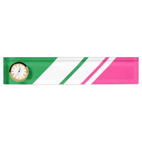 Watermelon Pink Green White Racing Stripes Clock Desk Name Plate