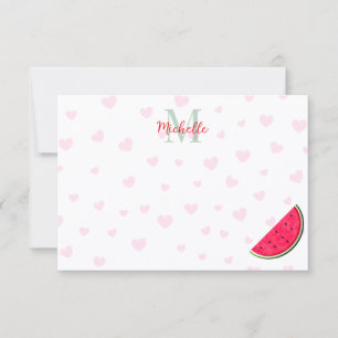 Watermelon Pink Hearts Custom Monogram Blank Note Card