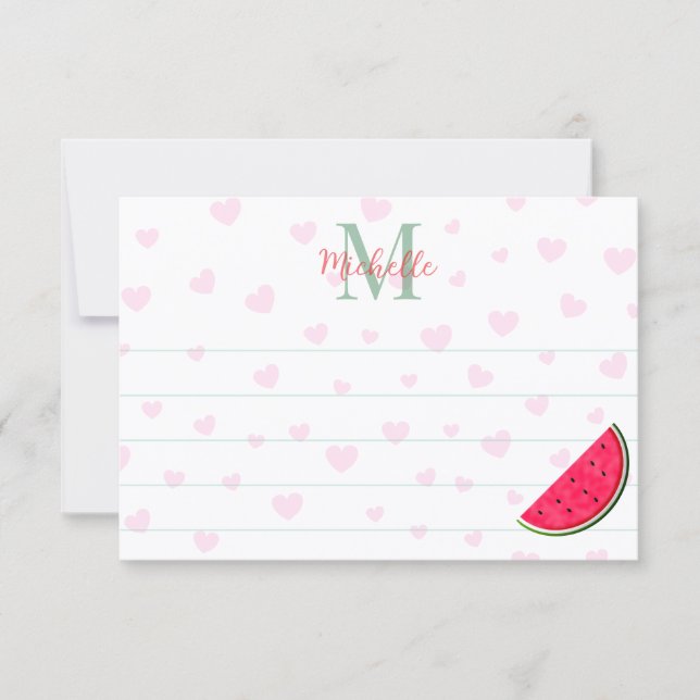 Watermelon Pink Hearts Custom Monogram Lined Note Card (Front)