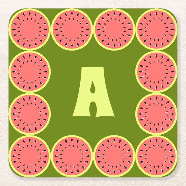 Watermelon Pink Multi Monogram Square Paper Coaster (Front)