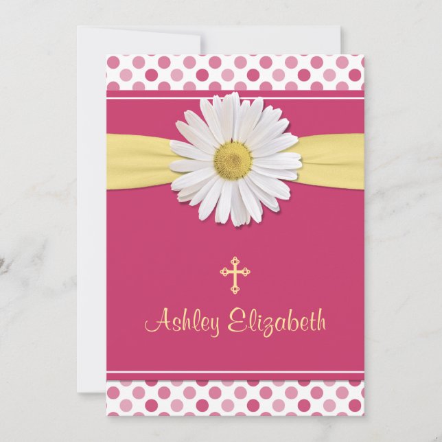 Watermelon Pink Polka Dot Daisy Confirmation Invitation (Front)