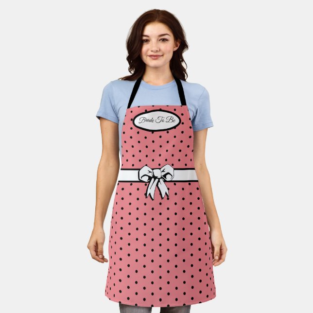 Watermelon Pink Polka Dot White Bow Personalized Apron (Worn)
