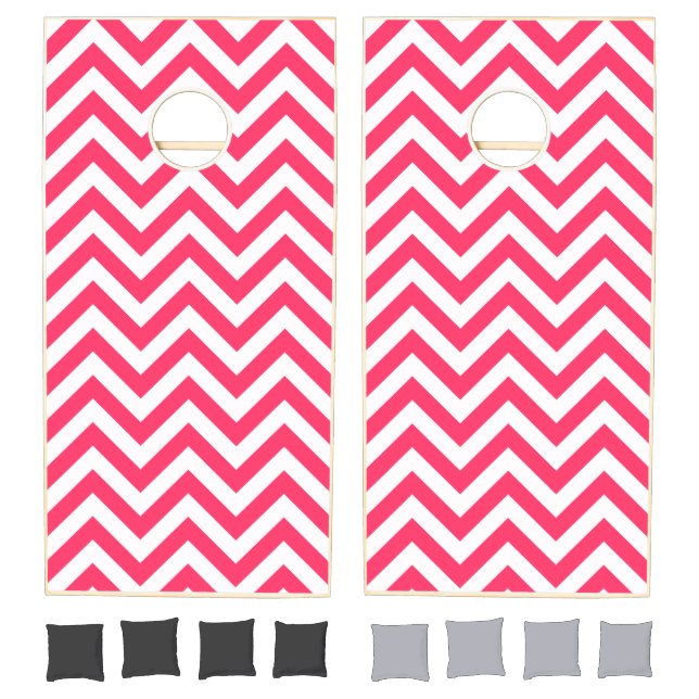 Watermelon Pink White Large Chevron ZigZag Pattern Cornhole Set (Set)
