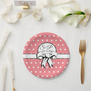 Watermelon Pink White Polka Dots Bow Personalized Paper Plates