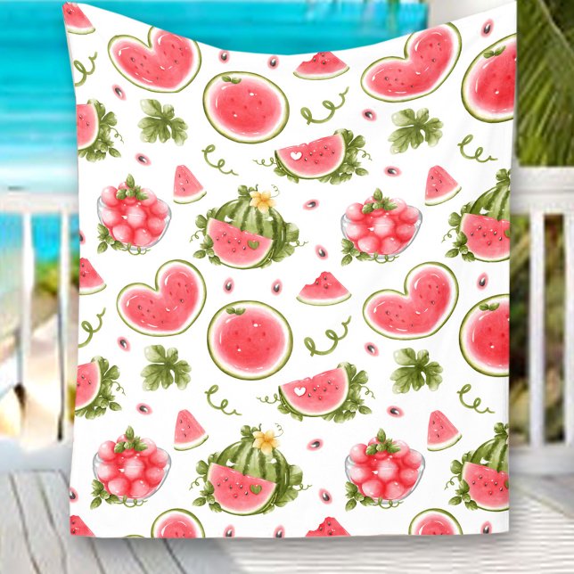 Watermelon Pink White Summer Picnic Fleece Blanket (Watermelon Pink White Summer Picnic Fleece Blanket)