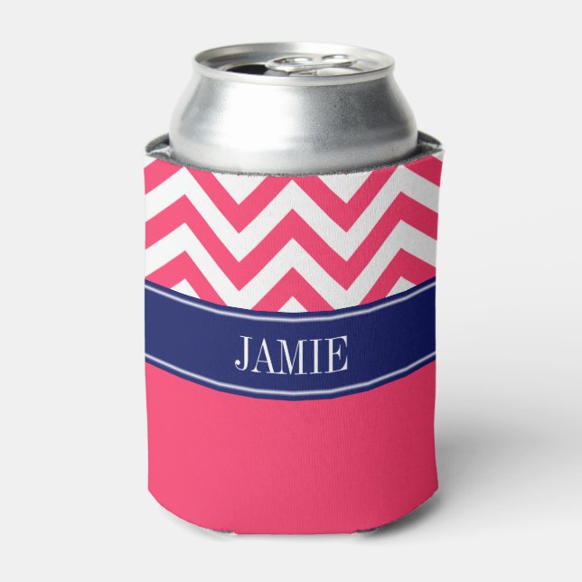 Watermelon Pink Wht LG Chevron Navy Name Monogram Can Cooler (Can Front)