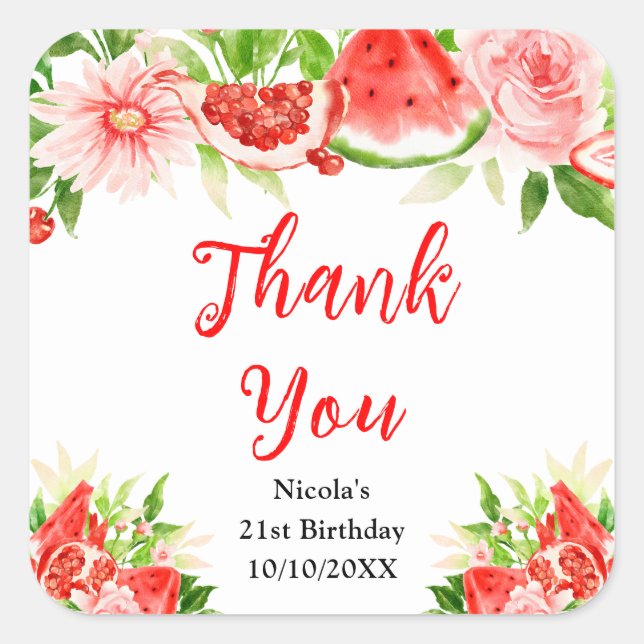 Watermelon Pomegranate Birthday Thank You Square Sticker (Front)