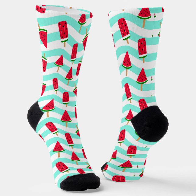 Watermelon Popsicle Striped Pattern Socks (Angled)