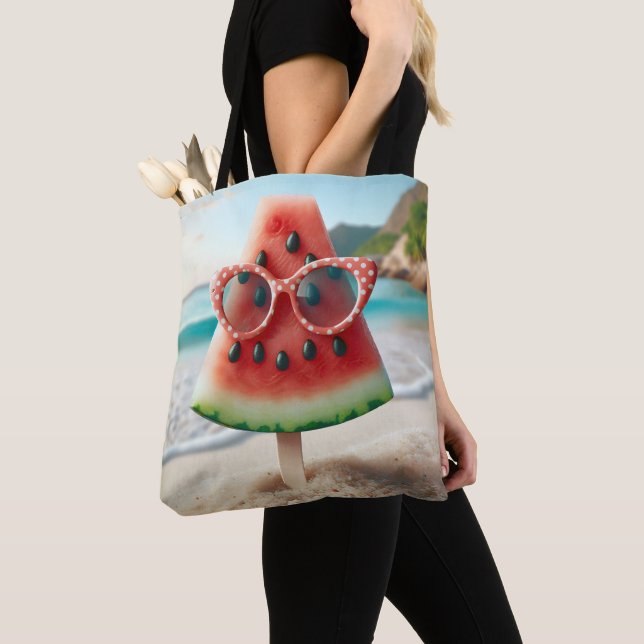 Watermelon Popsicle Wearing Sunglasses Tote Bag (Close Up)
