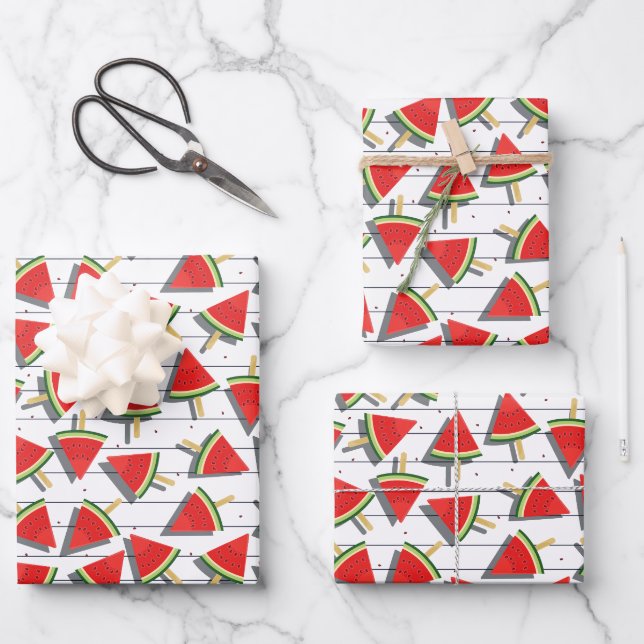 Watermelon Popsicles & Stripes Pattern Wrapping Paper Sheets (Front)