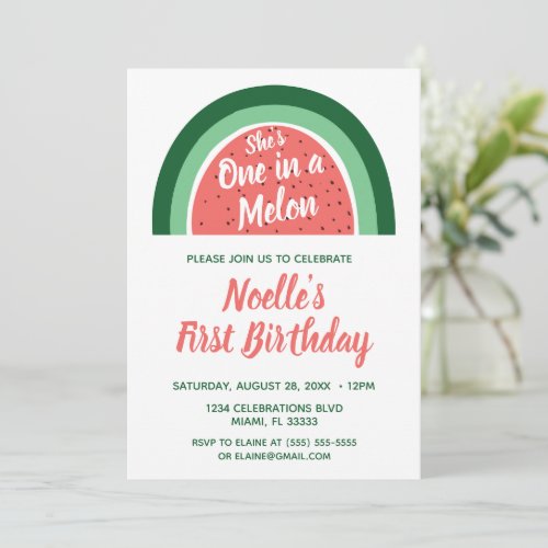 Watermelon Rainbow Shes One in a Melon 1st Bday Invitation