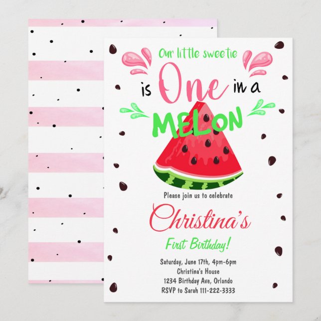 Watermelon Slice 1st Birthday Invitation (Front/Back)