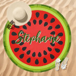 Watermelon Slice Custom Name Beach Towel<br><div class="desc">Make a splash this summer with a refreshing Watermelon Slice Personalized Beach Towel! This vibrant round towel features a juicy watermelon design, complete with a bright red center and green rind. Perfect for beach days, poolside lounging, or tropical vacations, this towel adds a fun, fruity touch to your outdoor essentials....</div>