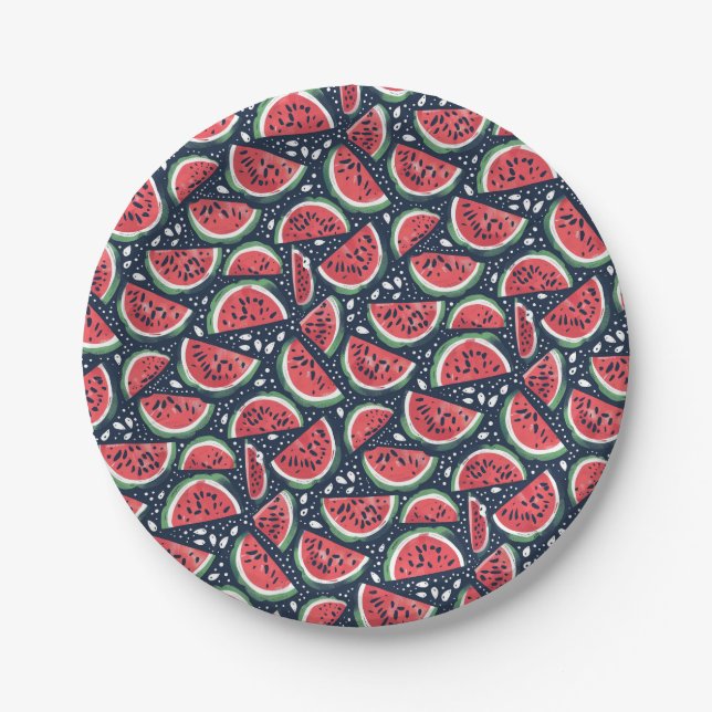 Watermelon Slice Pattern on Blue Picnic Paper Plates (Front)