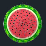 Watermelon Slice Summer Fruit with Rind Dartboard<br><div class="desc">This pretty watermelon design has a round fruit that looks like it's been sliced, so the juicy pink-red flesh of the melon shows, along with plenty of black watermelon seeds. The berry also has a speckled green, mottled rind. It's a cute, whimsical summertime design. See matching items in our store...</div>