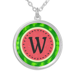 Watermelon Slice Summer Fruit with Rind Monogram Silver Plated Necklace