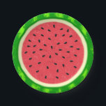 Watermelon Slice Summer Fruit with Rind Paper Plates<br><div class="desc">This pretty watermelon paper plate design has a round fruit that looks like it's been sliced, so the juicy pink-red flesh of the melon shows through, along with plenty of black watermelon seeds. The berry also has a speckled green, mottled rind. This is a cute, whimsical summertime design, perfect for...</div>