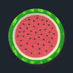 Watermelon Slice Summer Fruit with Rind Paper Plates<br><div class="desc">This pretty watermelon paper plate design has a round fruit that looks like it's been sliced, so the juicy pink-red flesh of the melon shows through, along with plenty of black watermelon seeds. The berry also has a speckled green, mottled rind. This is a cute, whimsical summertime design, perfect for...</div>
