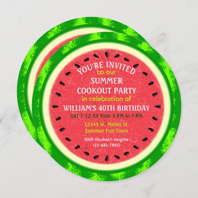Watermelon Slice Summer Party Cookout or Birthday Invitation (Front/Back)