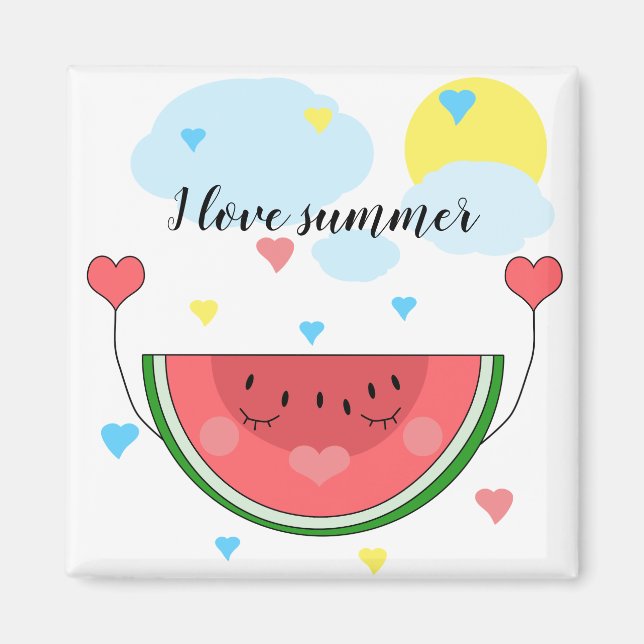 Watermelon slice, text, "I love summer", Magnet (Front)