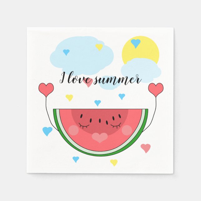 Watermelon slice, text, "I love summer", Napkins (Front)