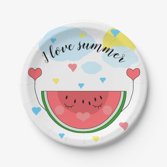 Watermelon slice, text, "I love summer", Paper Plates (Front)