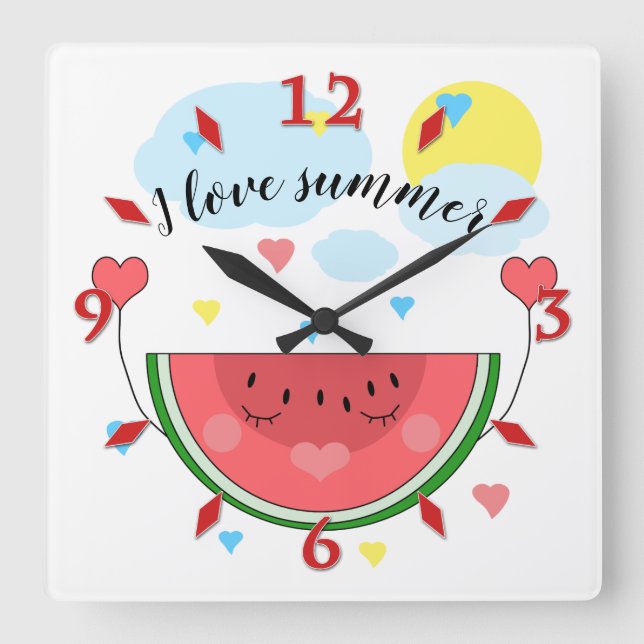 Watermelon slice, text, "I love summer" Square Wal Square Wall Clock (Front)