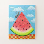 Watermelon Slice w/ Ant Funny Whimsical Summer Jigsaw Puzzle<br><div class="desc">This whimsical summer art jigsaw puzzle features a delicious slice of watermelon with a cute ant insect climbing the side of it on a checkered table cloth with blue sky behind. Great for kids and those that love whimsical art. Designed by world artist ©Tim Coffey.</div>