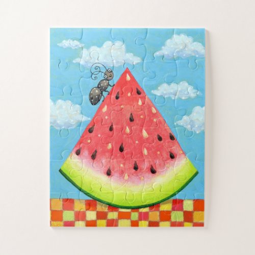 Watermelon Slice w Ant Funny Whimsical Summer Jigsaw Puzzle