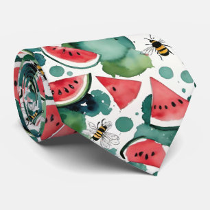Watermelon Slices And Busy Bees Watercolor Neck Tie