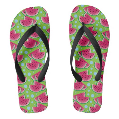 Watermelon Slices on Green with Blue Dots Flip Flops