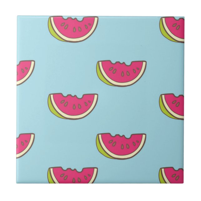 Watermelon Slices on Teal Pattern Ceramic Tile (Front)