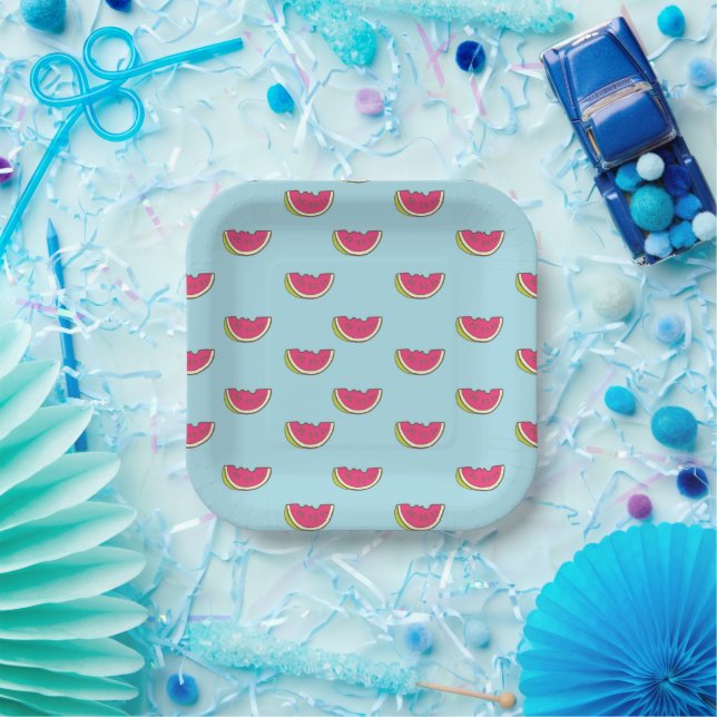 Watermelon Slices on Teal Pattern Paper Plates (Party)