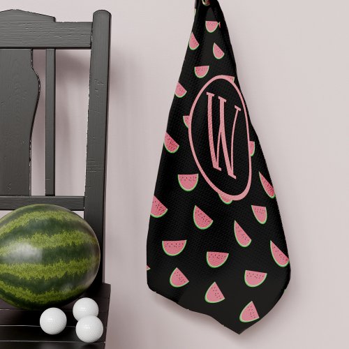 Watermelon Slices Pattern Black and Pink Monogram Golf Towel