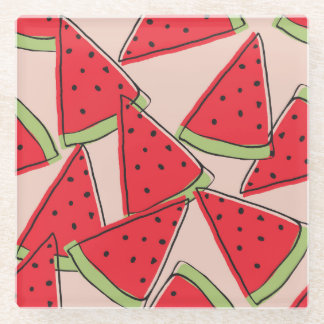 Watermelon Slices Pink Background Pattern Glass Coaster